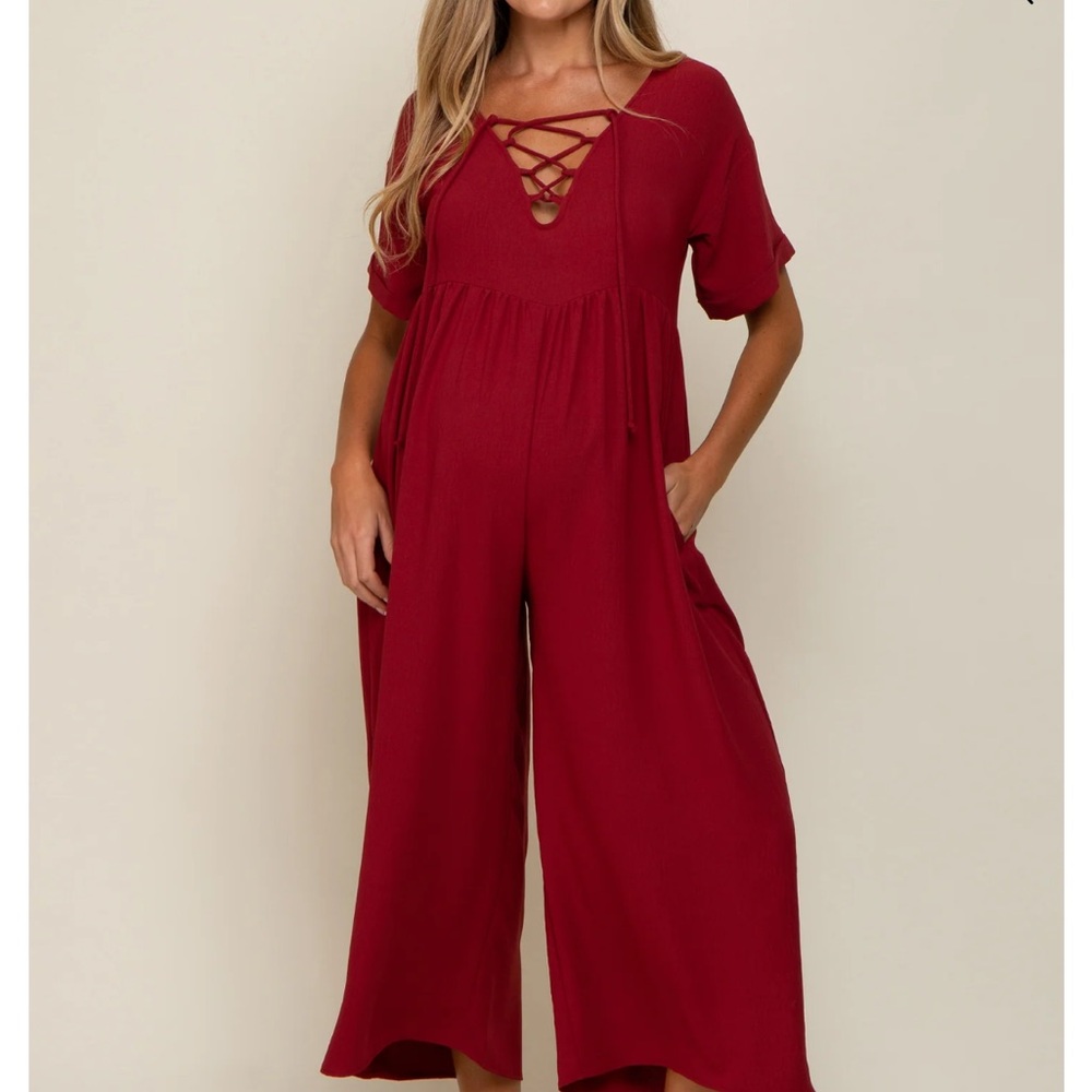 PINKBLUSH CHERISH Burgundy Crosscroas Wide Leg Maternity Jumpsuit S